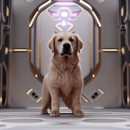 Golden Retriever Puppy in a Futuristic Pink Castle