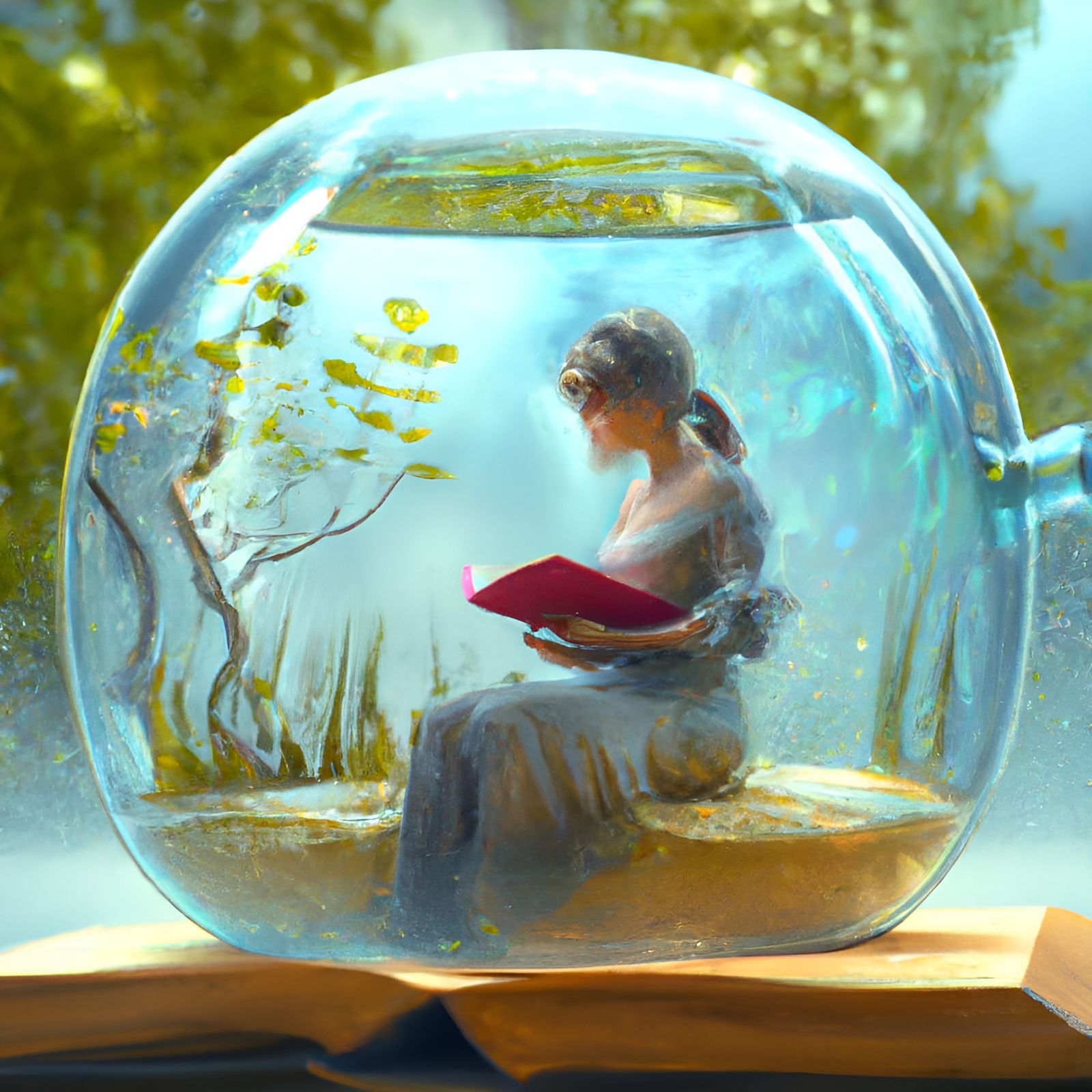 Reading in a glass bowl on a book