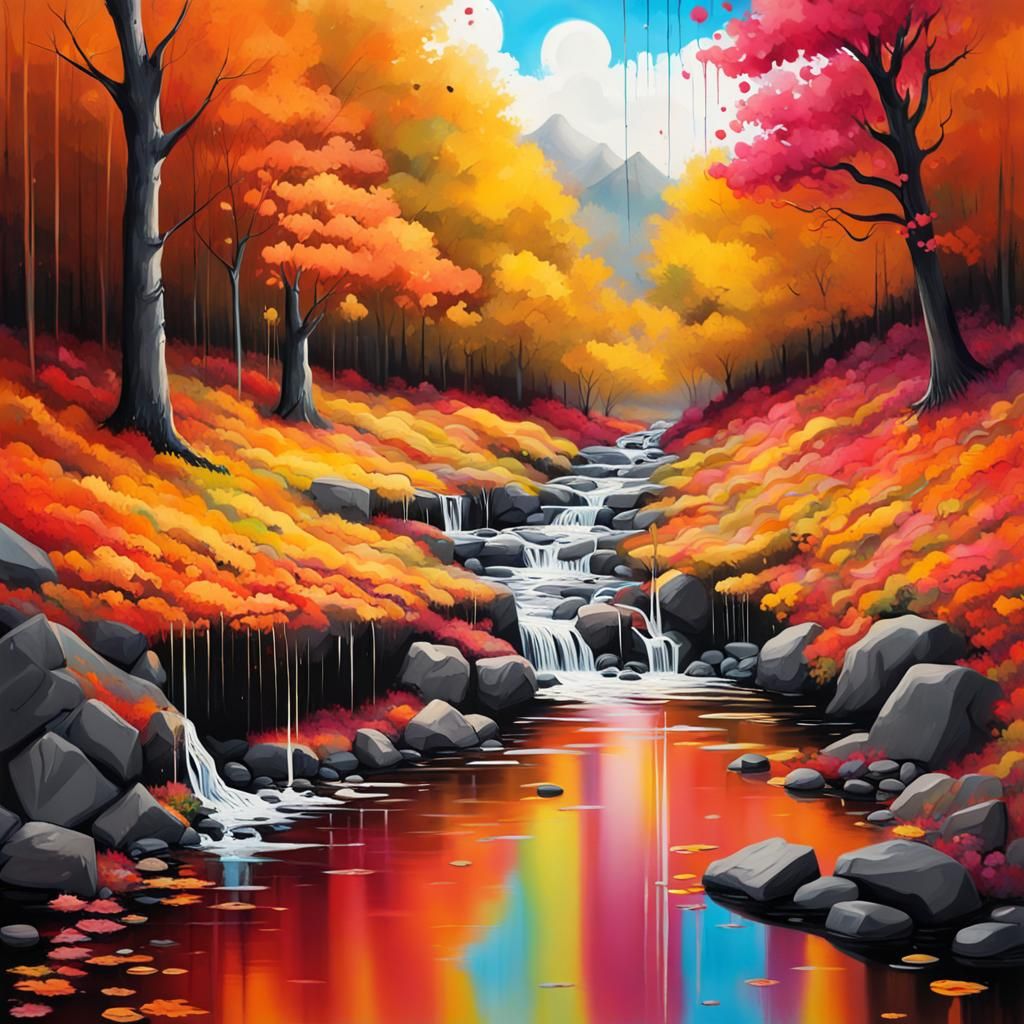 Autumn Stream in Graffiti Splash Art Style