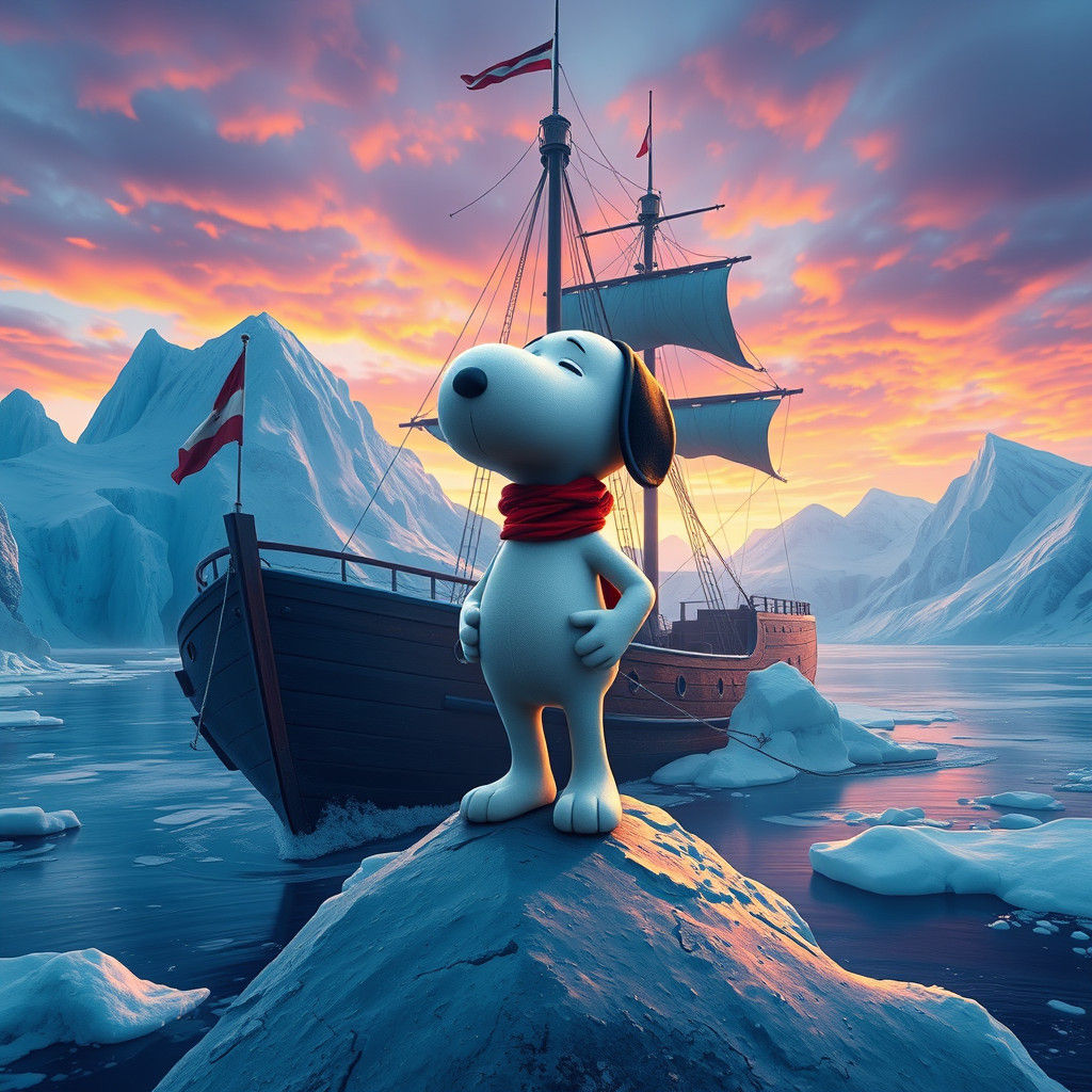 Snoopy as Shackleton in Dreamlike Antarctic Landscape