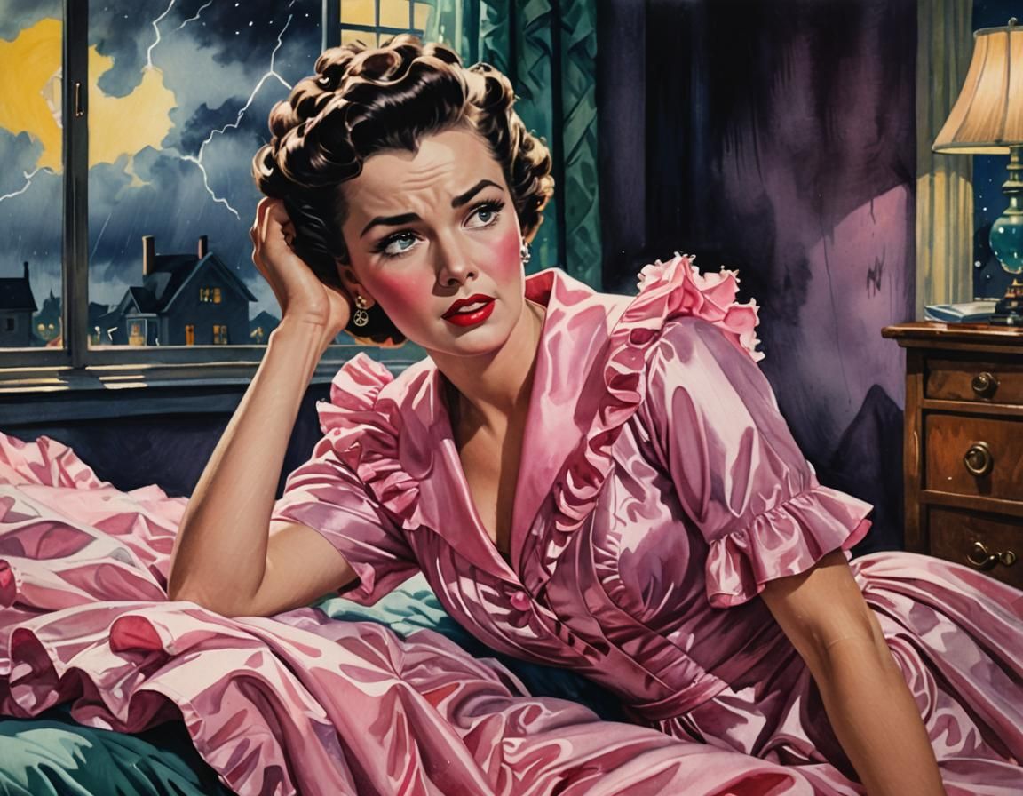 Vintage Woman in Pink Gown with Startled Expression