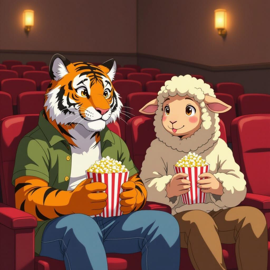 Tiger-Man and Sheep-Man Watch Movie in Ghibli Style