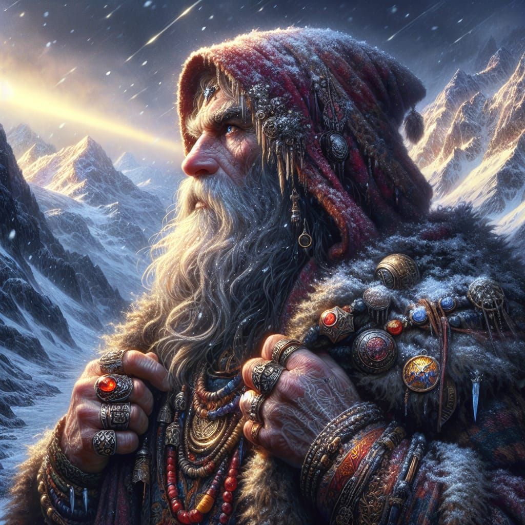 Mysterious Dwarven Explorer in a Snowy Landscape