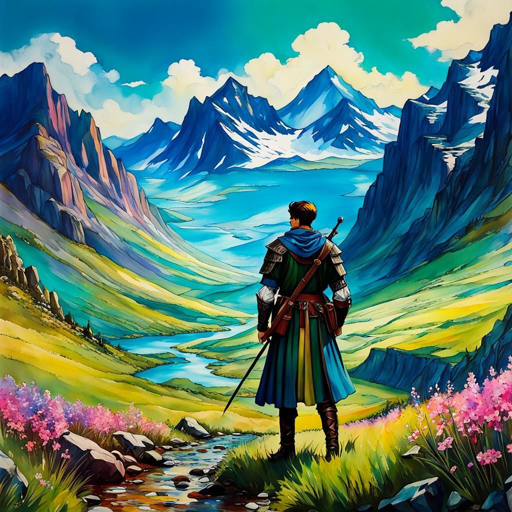 Medieval Ranger in Mountain Valley, Alcohol Ink Style
