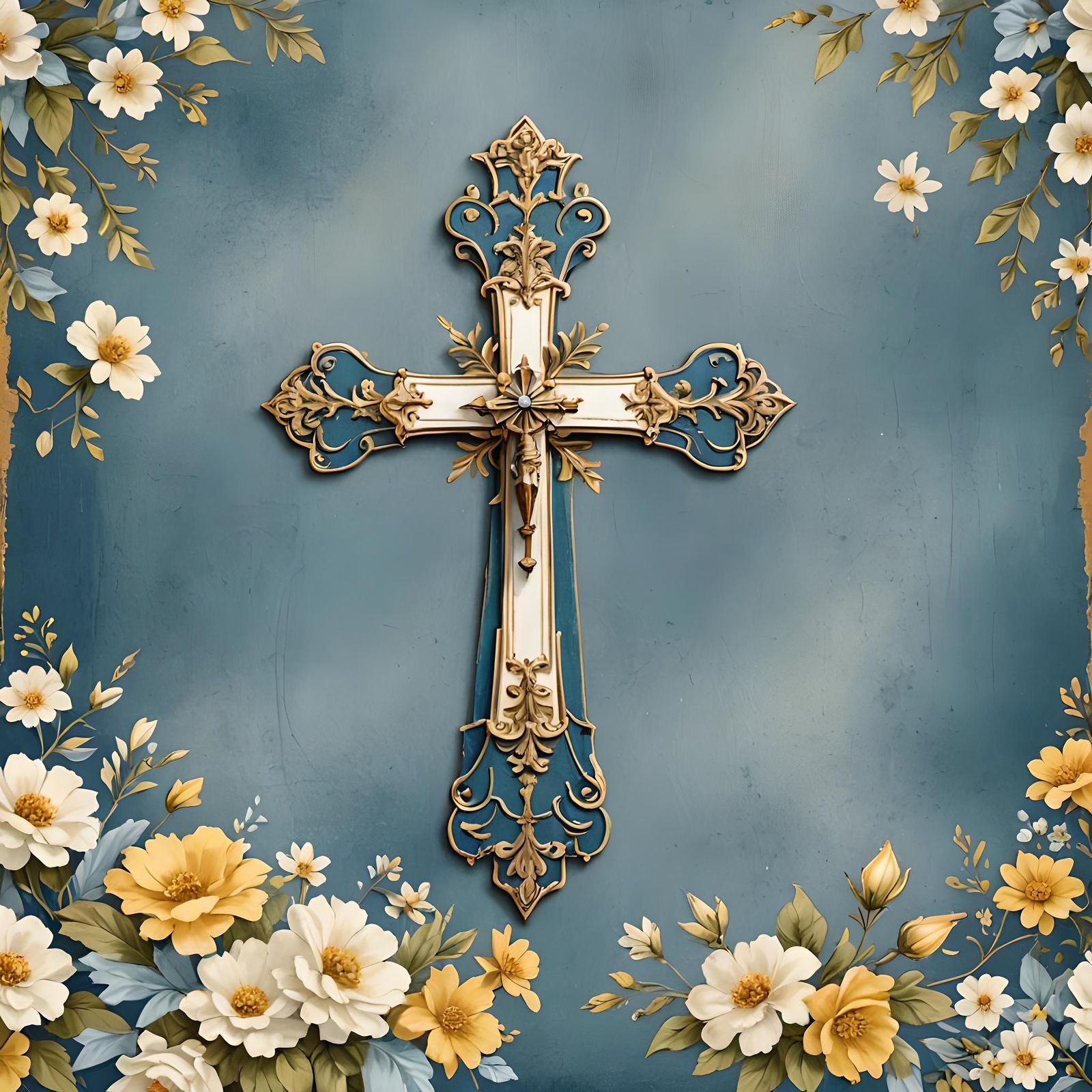 Blue Banner with Cross and Flowers