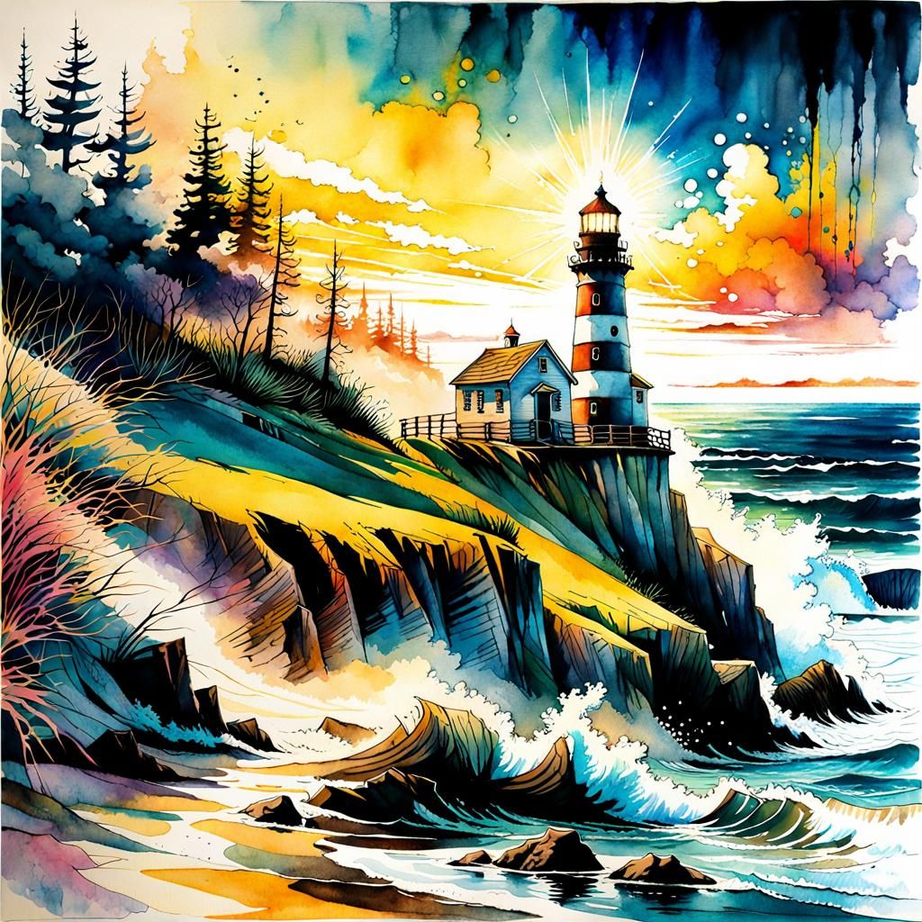 Post-Apocalyptic Lighthouse Watercolor Splash Art