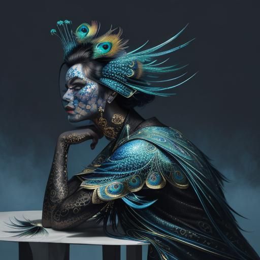 Dragon Woman with Peacock Feathers, Surrealist Oil Painting