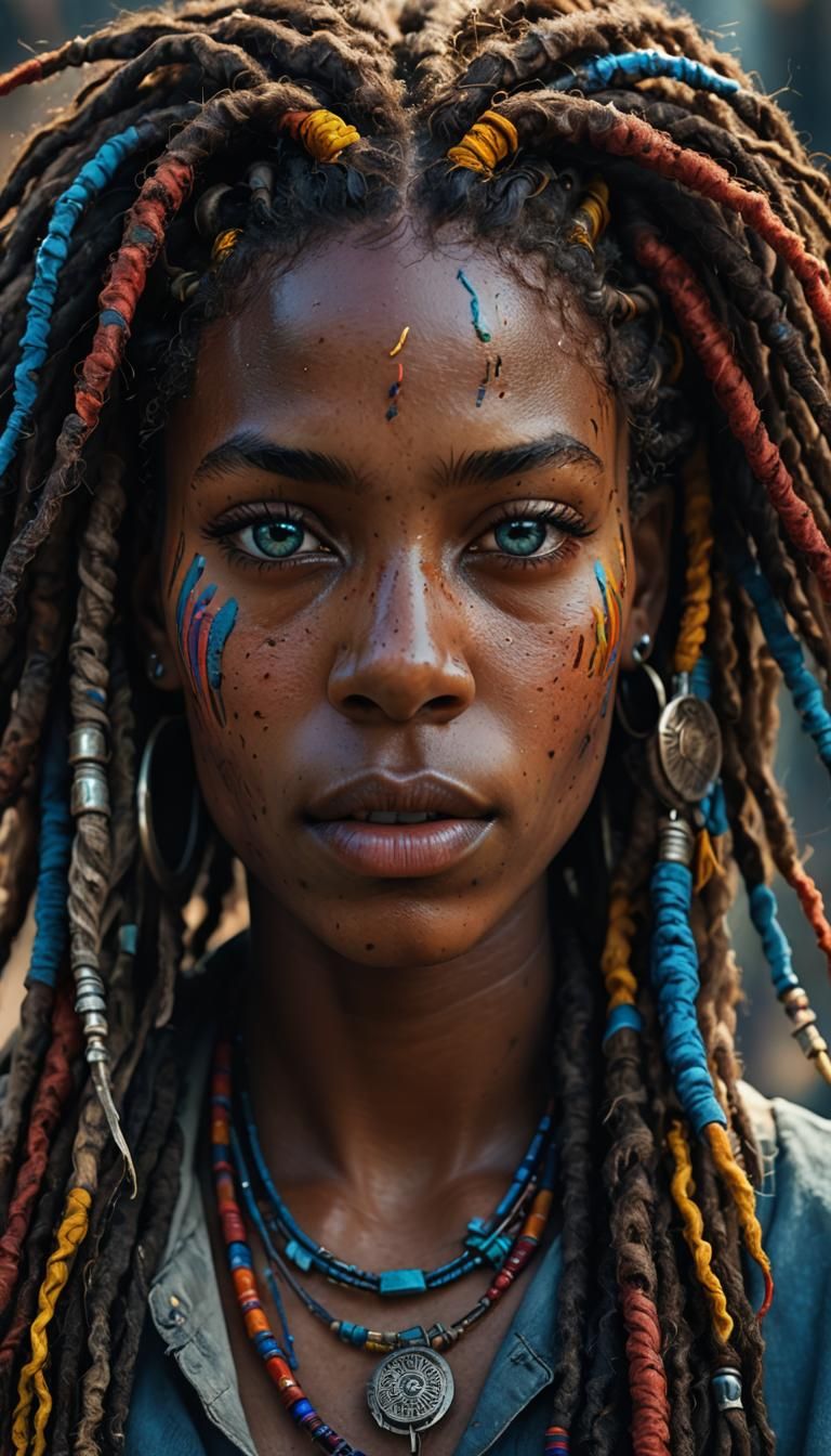 Resilient Woman with Dreadlocks in War-Torn Landscape