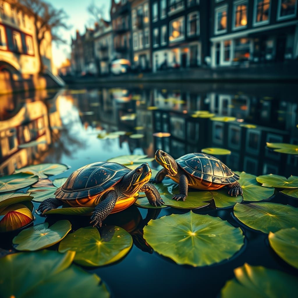Turtles Basking on Amsterdam Canal Lily Pads