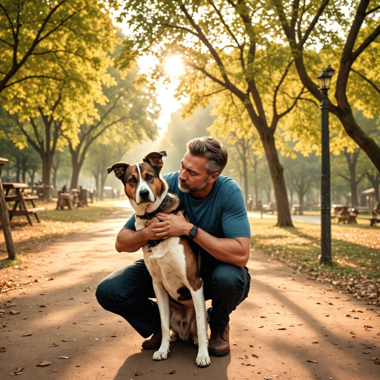Man Hugs Dog in Hyperrealistic Portrait