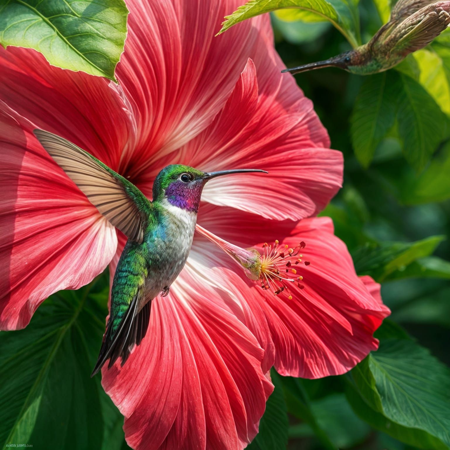 Hyperrealistic Hummingbird and Hibiscus Flower
