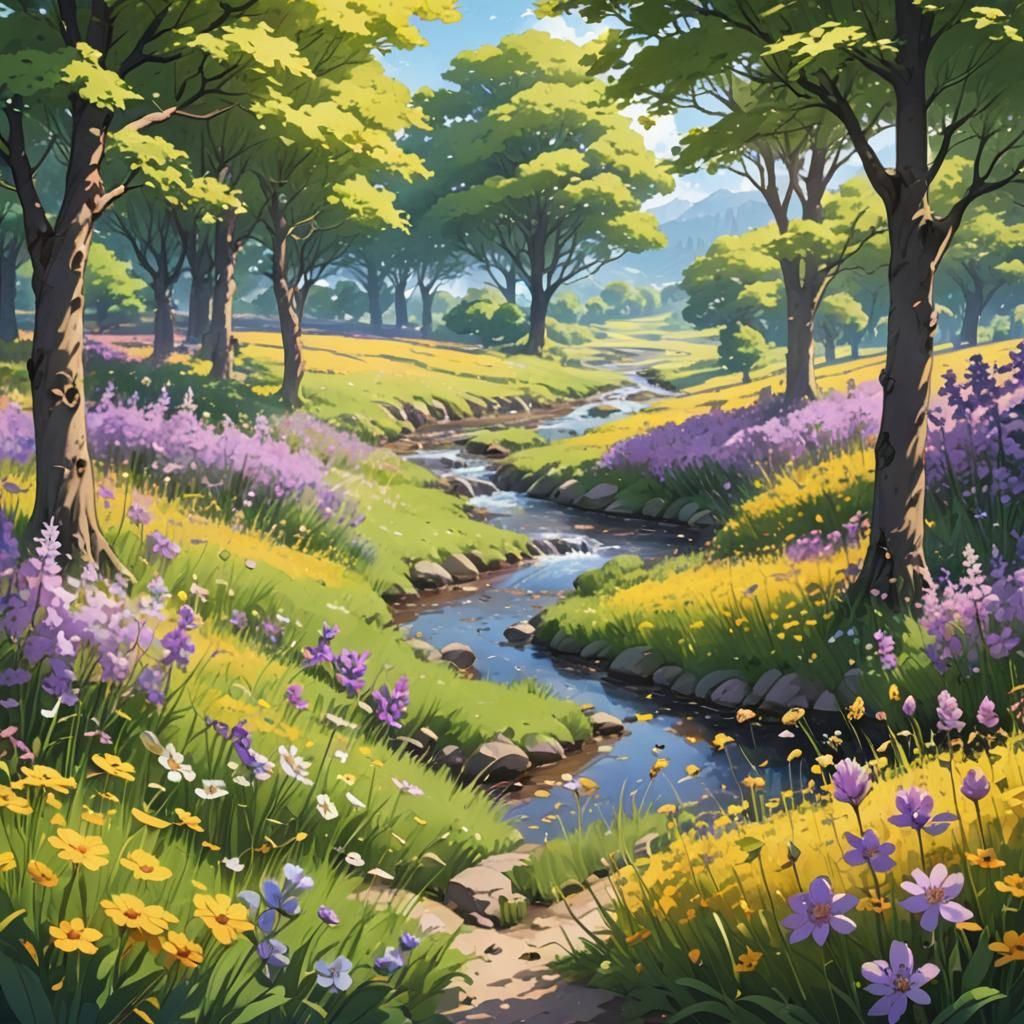 Sunny Meadow with Blossoms in Anime Style