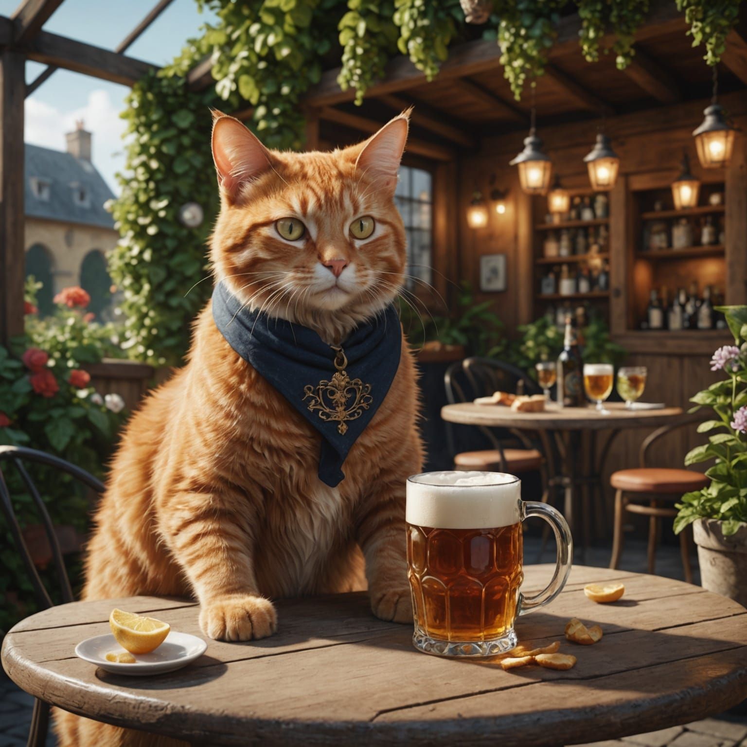 Ginger Cat Enjoys Beer in French Cafe