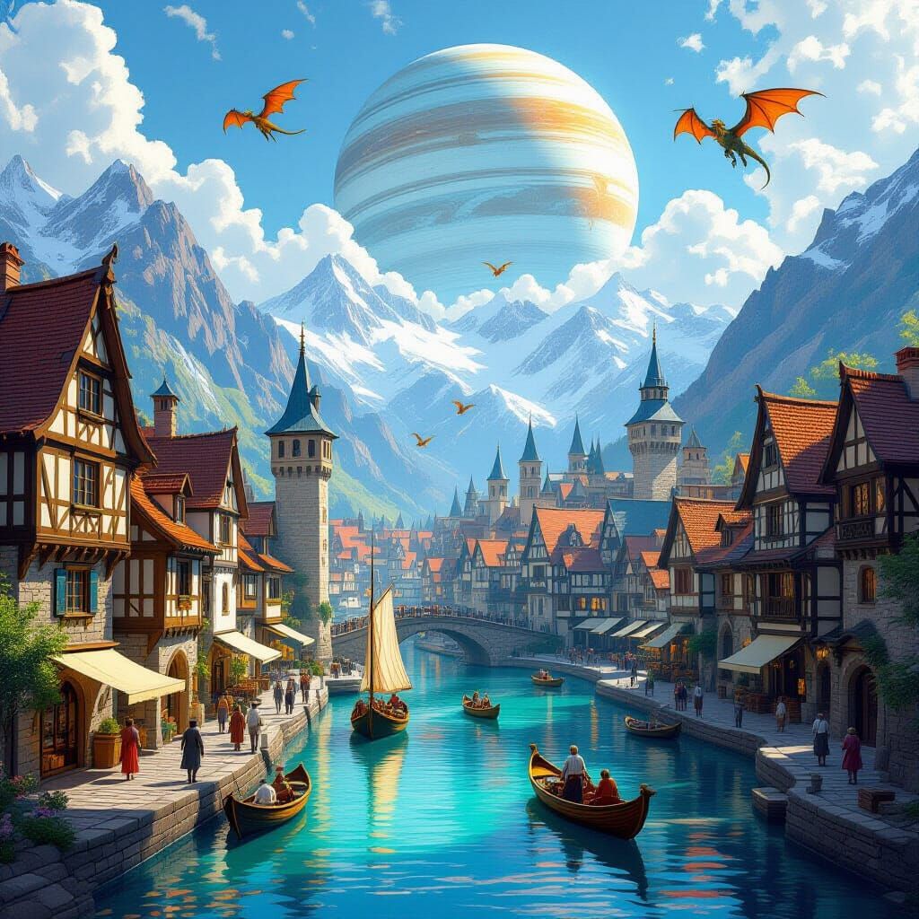 Medieval Coastal Town with Dragons, Impressionistic Style