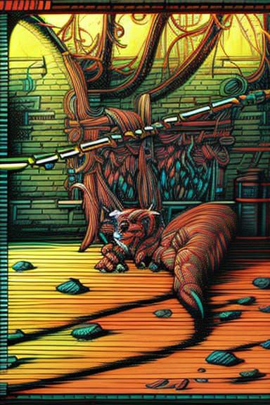 Friendly Pets Hanging Out in Comic Book Art Style