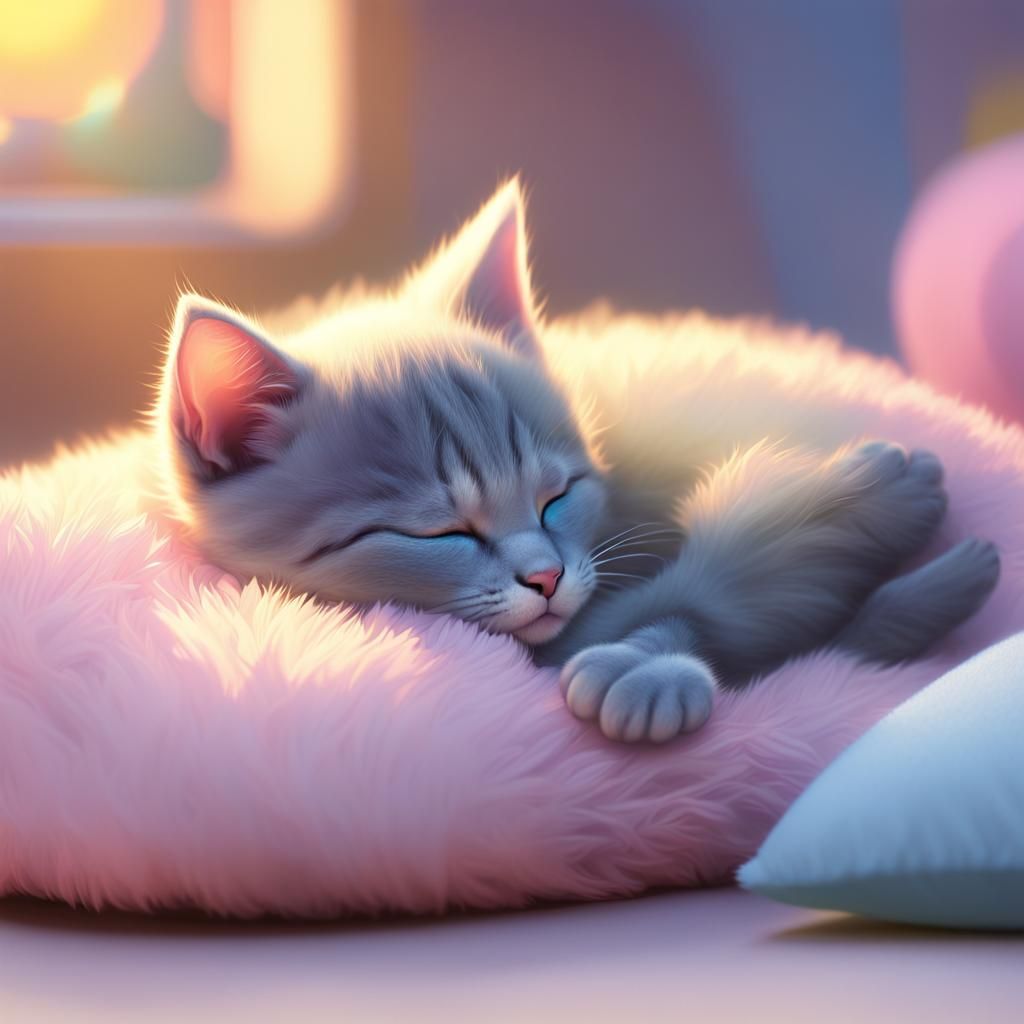 Gray Kitten Sleeping: Pixar-Inspired 3D Digital Art