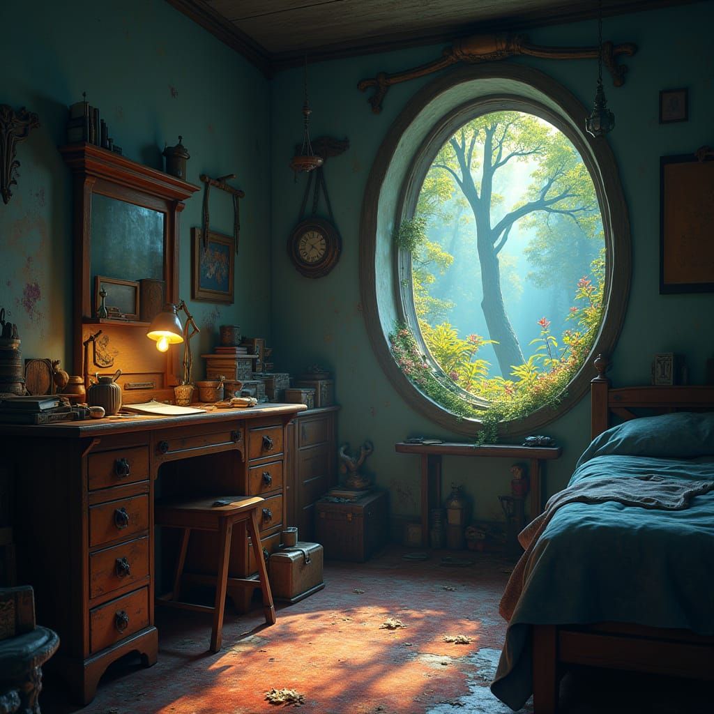 Mythical Forest Portal in Cluttered Bedroom, Matte Painting