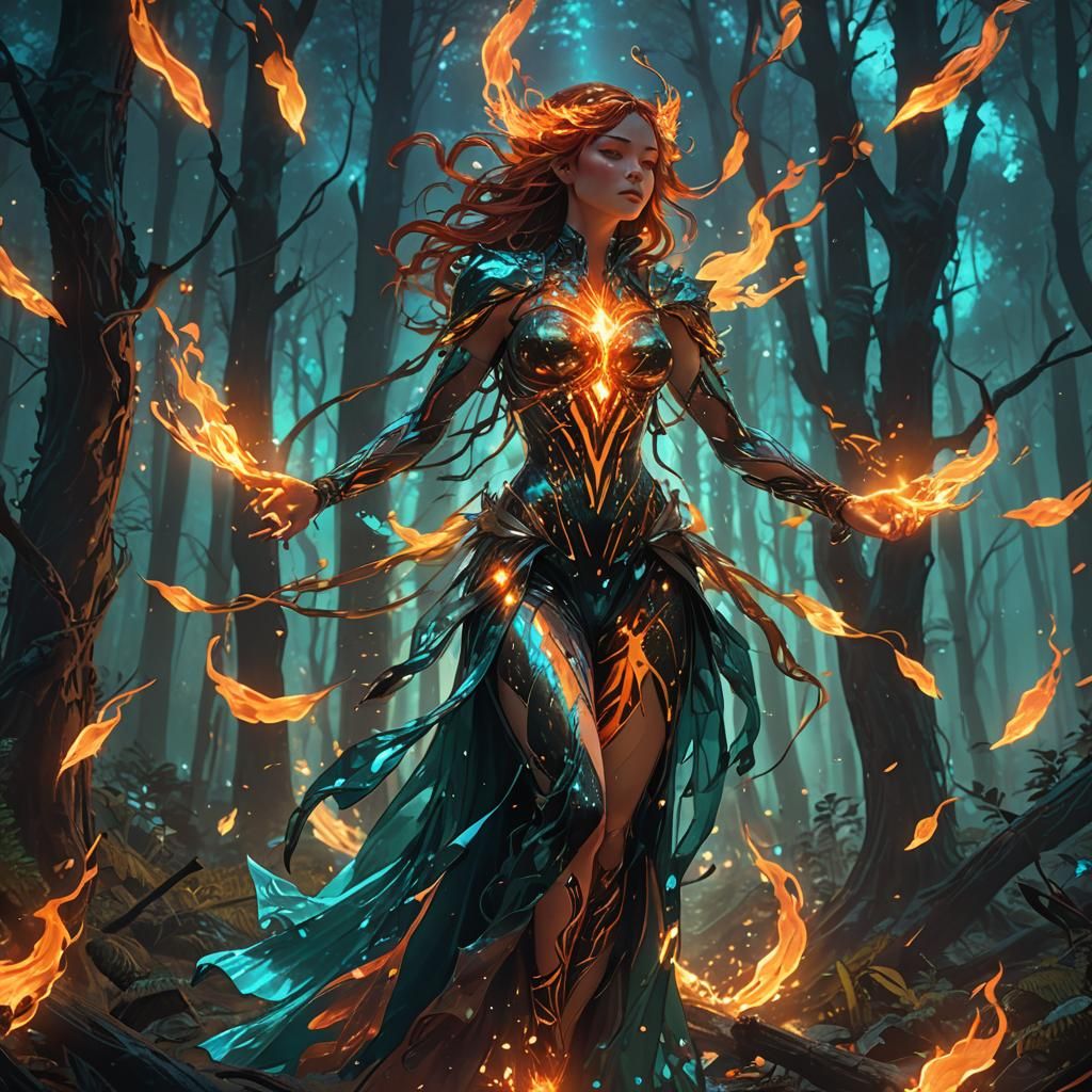 Fiery Woman in Forest: Digital Art in Triadic Colors