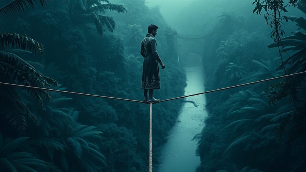 Elegant Equilibrist Conquers Jungle Tightrope in Moody Monoc...