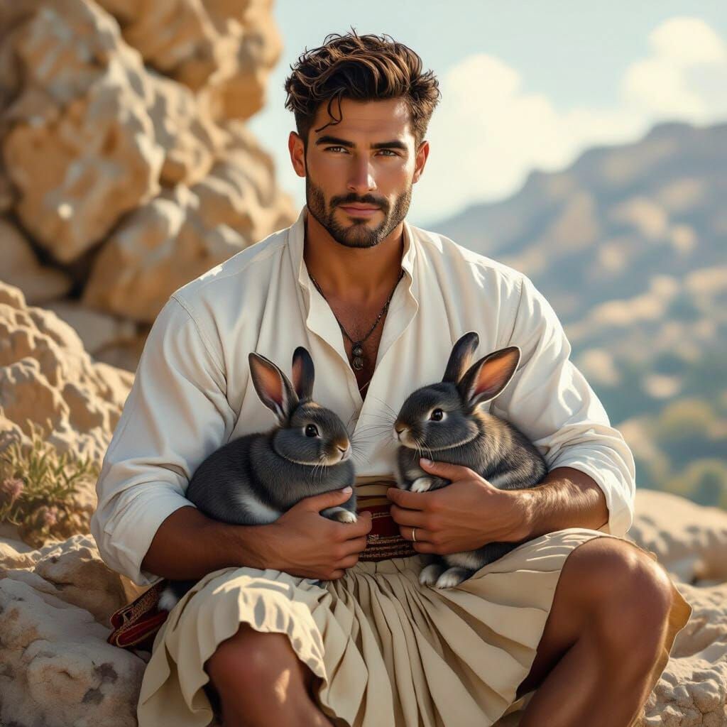 Man in Greek Costume with Rabbits, Digital Art
