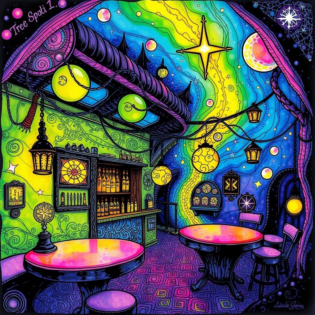 Intricately detailed alcohol ink illustration, ” The Psychedelic Tavern”, Zentangle, fantasy illustration, detailed pain...