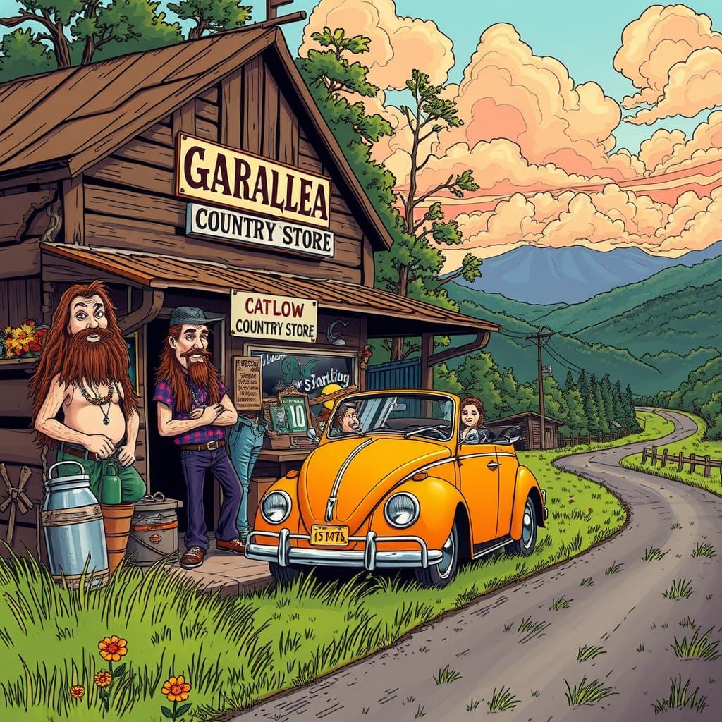 Vibrant Appalachian Country Store Scene in Whimsical Cartoon...