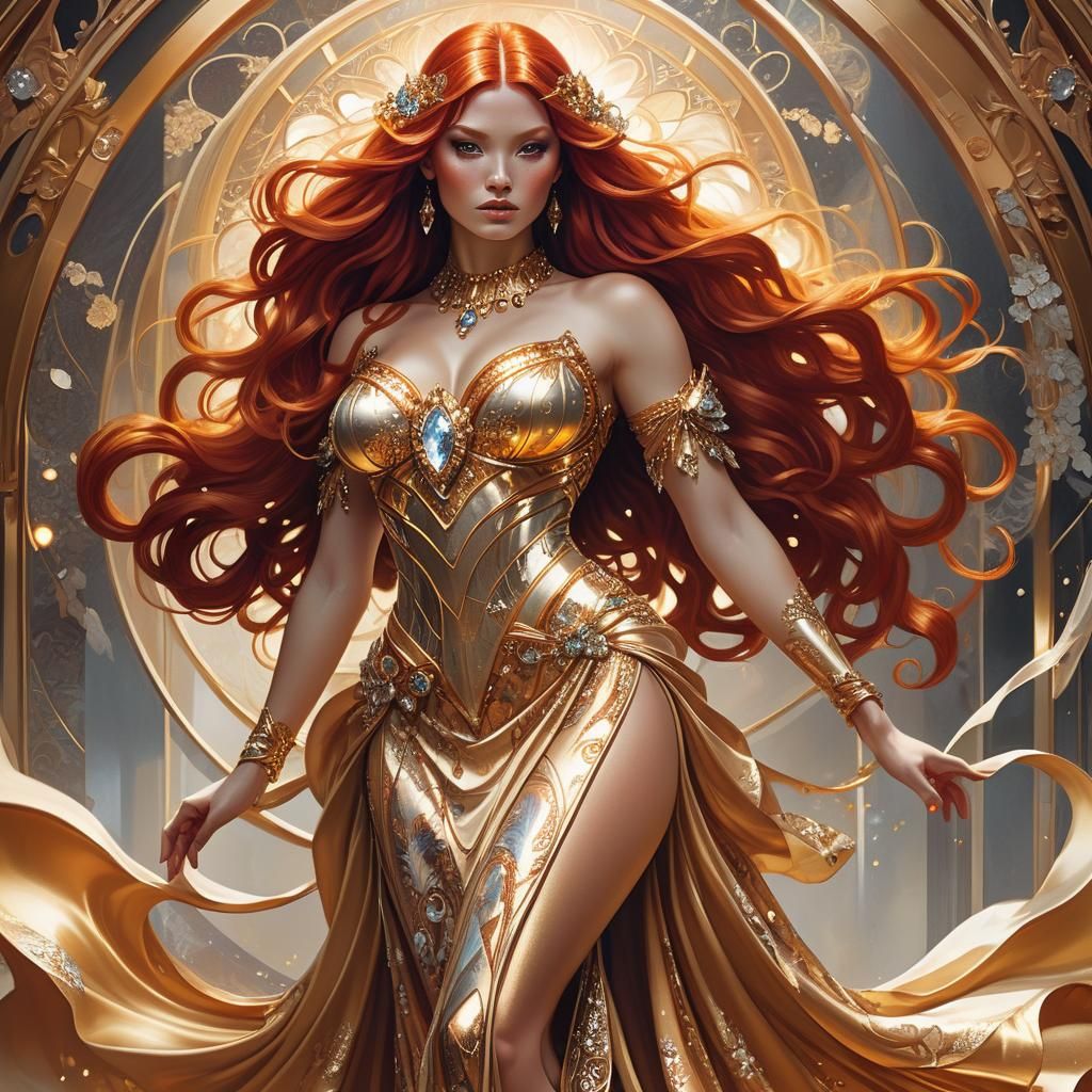 Fiery Haired Woman in Gold Dress: Fantasy Art