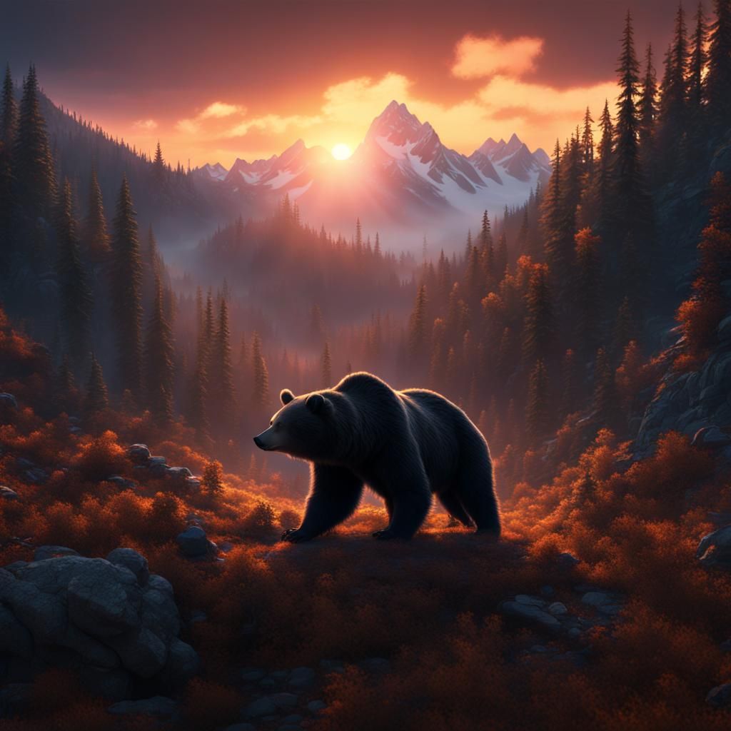 Forest Sunset Inside Bear Silhouette: Fantasy Concept Art