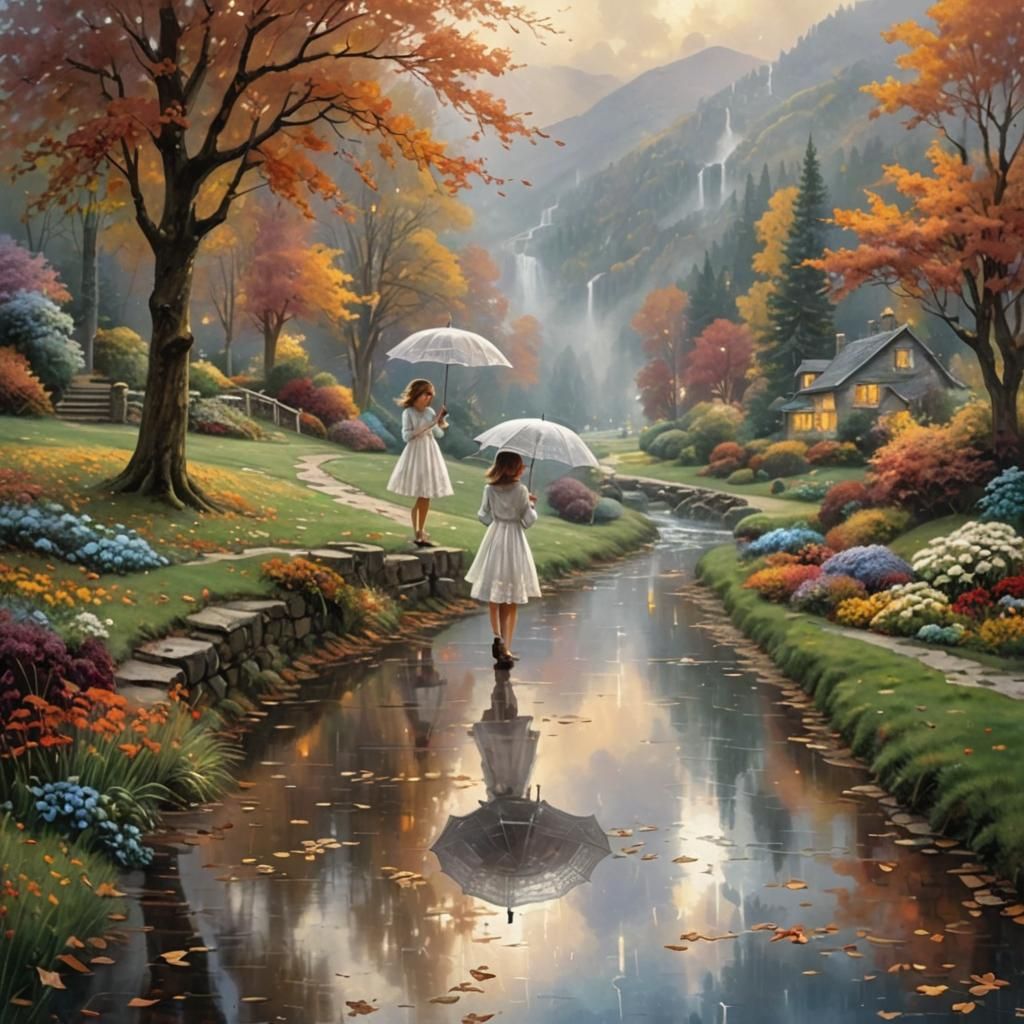 Rainy Day Garden Scene in Ethereal Style