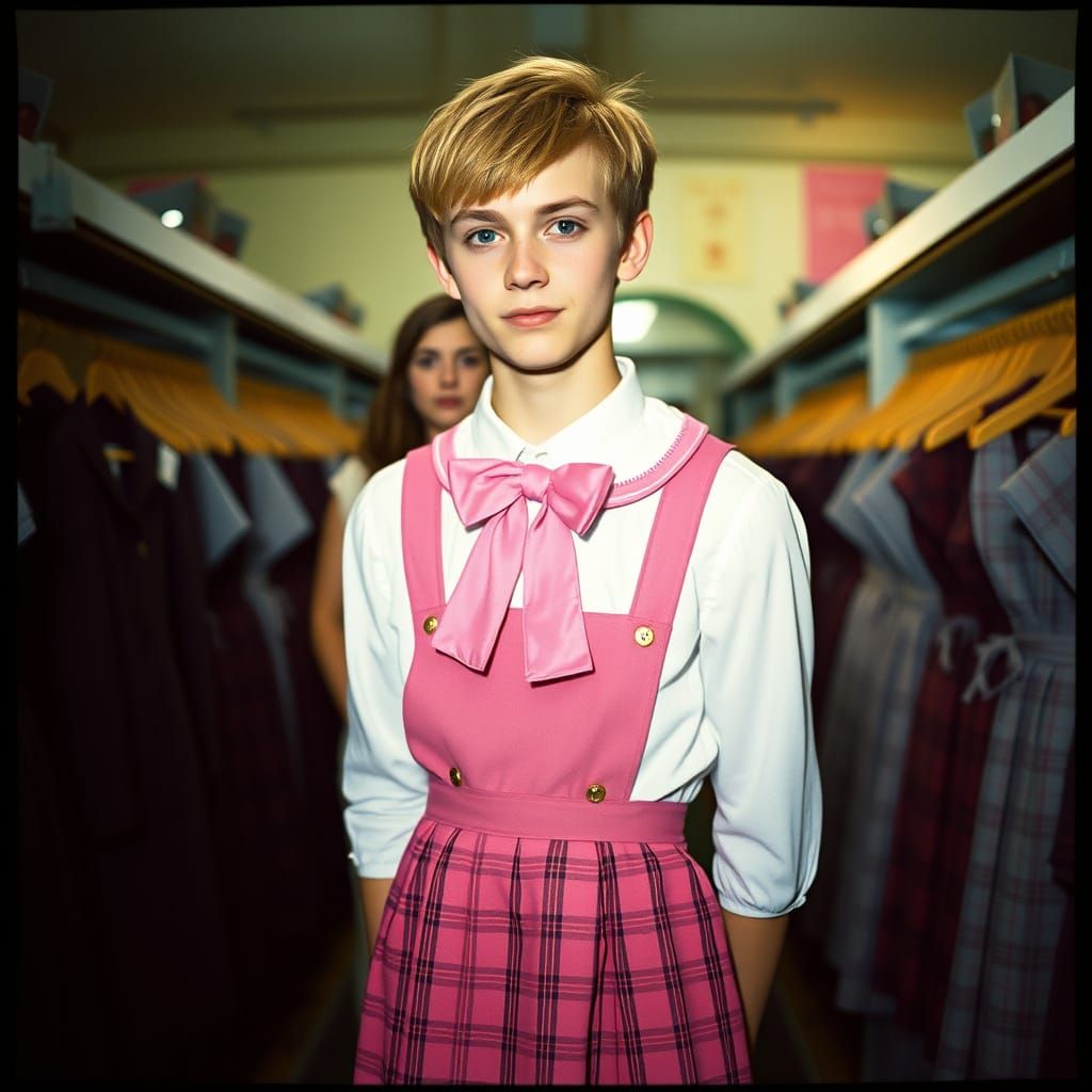 Ethan in Whimsical Schoolgirl Attire, Cinematic Film Still