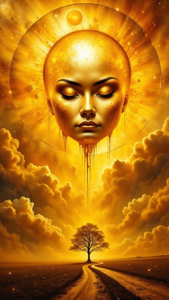 Molten Sun Descends as Mask in Surreal Art