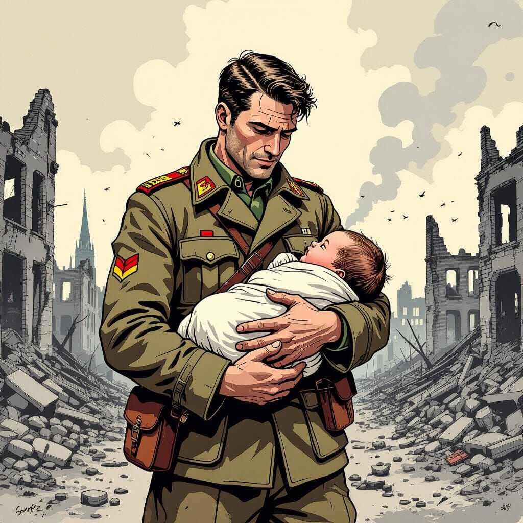 Handsome Soldier Protects Baby in Wartorn Berlin