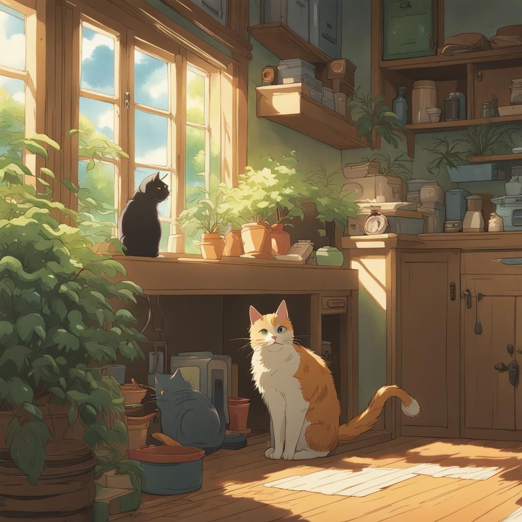 Cats in House in Studio Ghibli Style