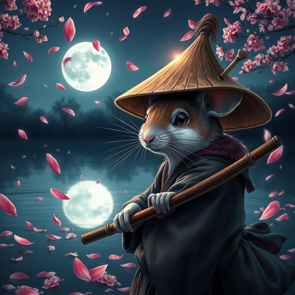 Moonlit Mouse Ronin Amidst Sakura Petals and Shimmering Wate...