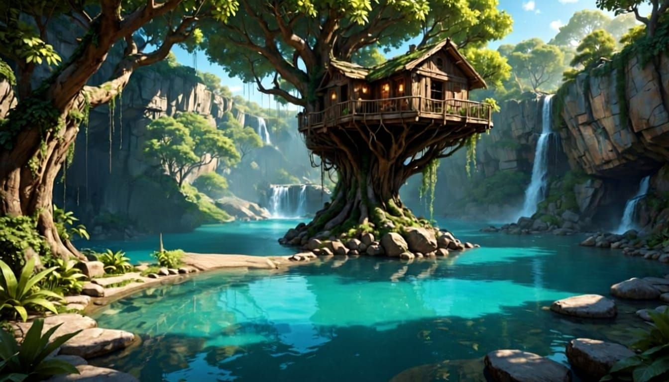 Hidden Treehouse Over Turquoise Pool with Waterfalls