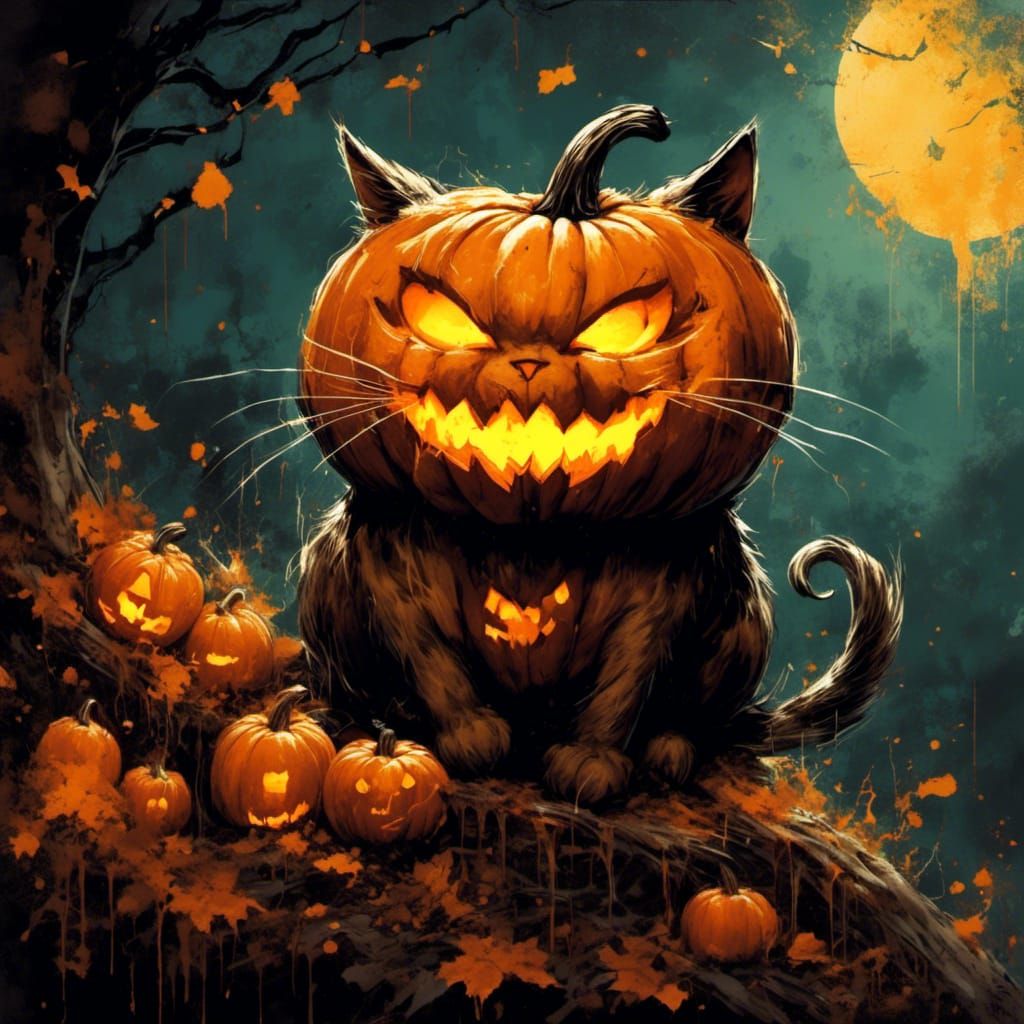 Cute Halloween Cat on Pumpkin in Graffiti Style