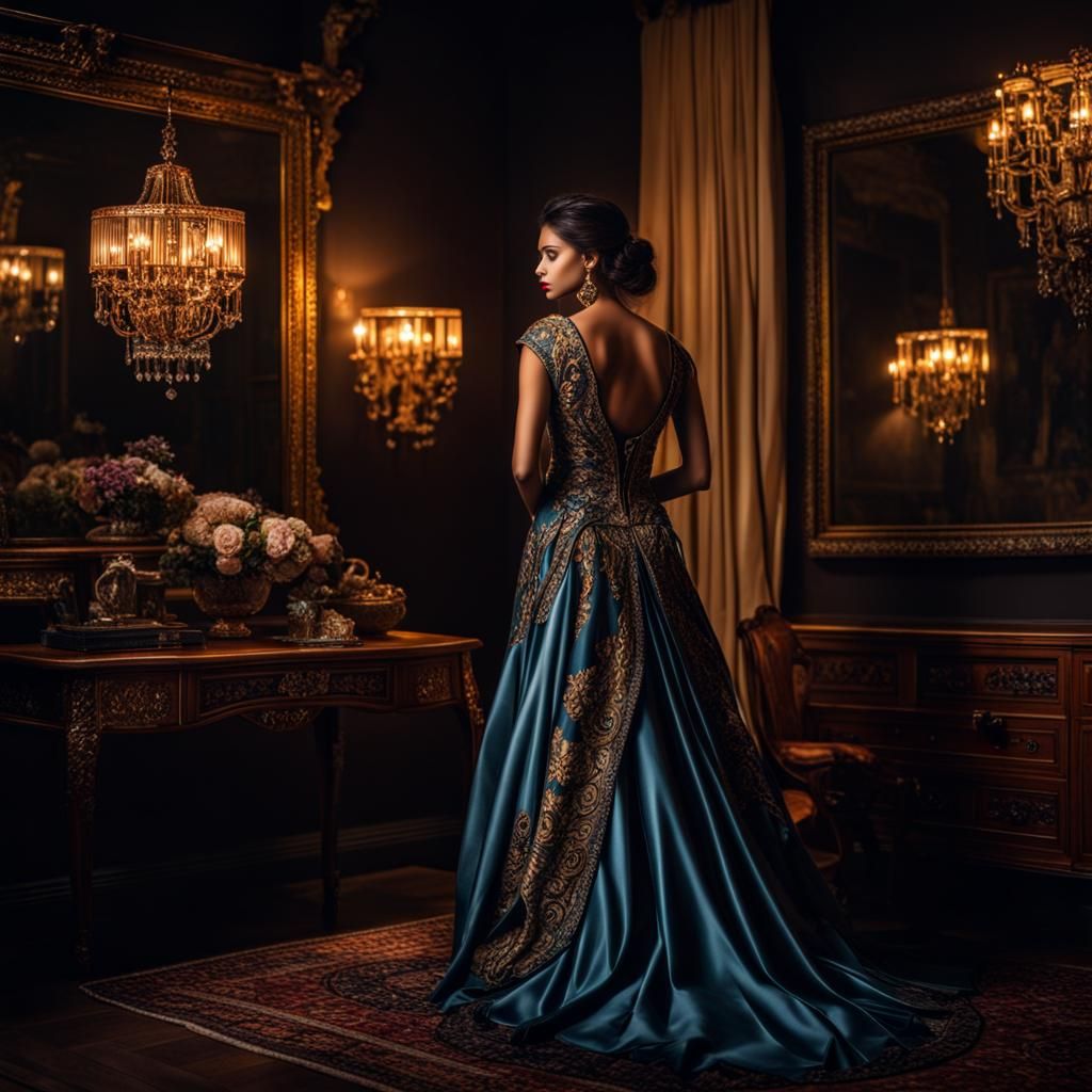 Woman Contemplates Evening Outfit in Hyperrealistic Style