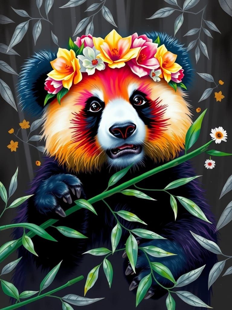 A portrait of a rainbow colured panda in a Black white jungle Eating bambus