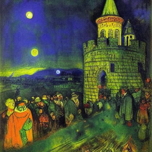 Dark Castle Under Night Sky, Repin and Chagall Style