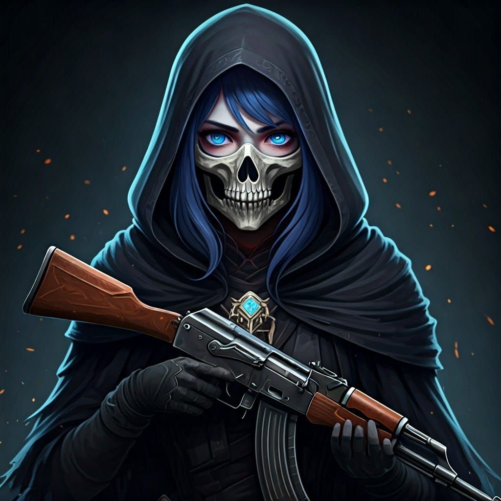 Ghost Girl with Skull Mask and AK-47, Anime Style