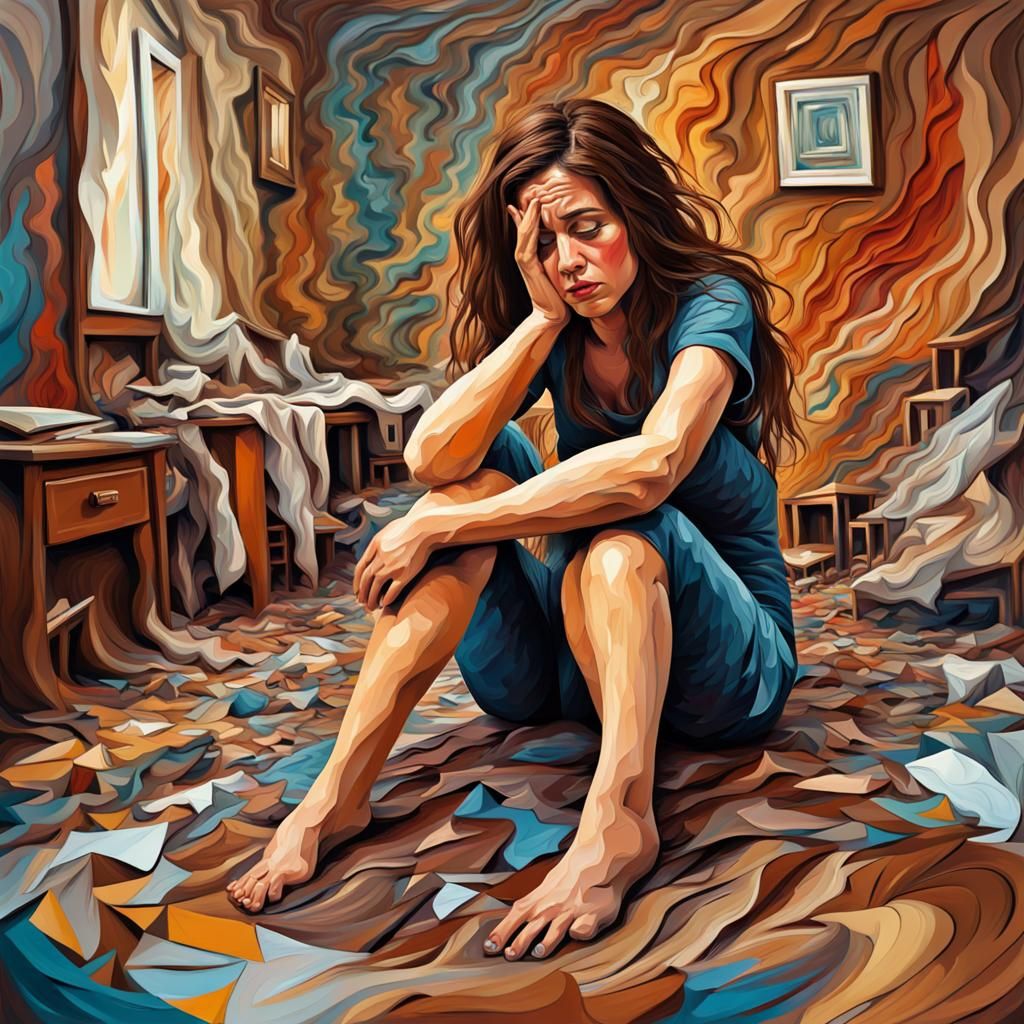 Distressed Woman in Chaotic Room: Expressionist Oil Painting