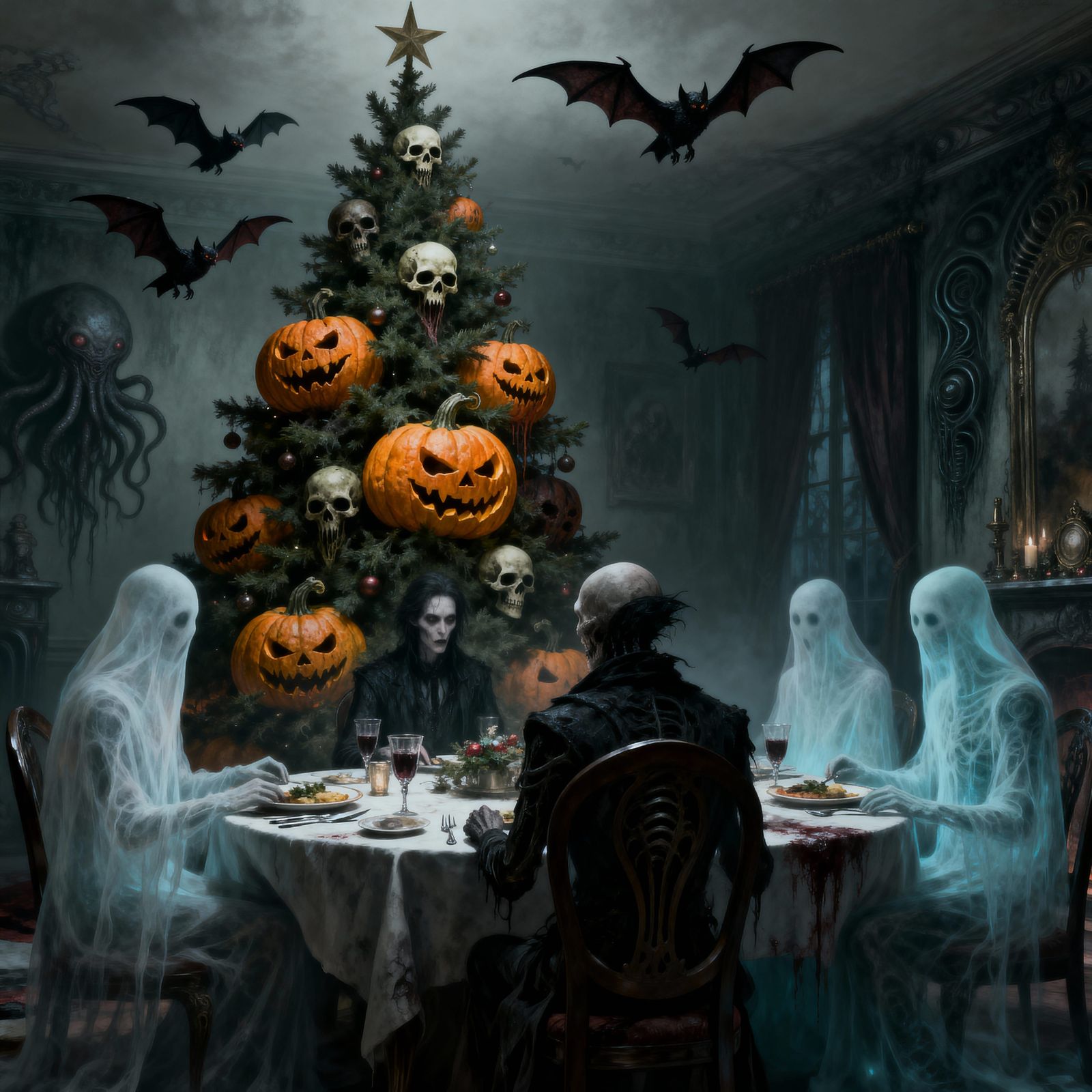 Spectral Christmas Dinner Party in Terror Art Style
