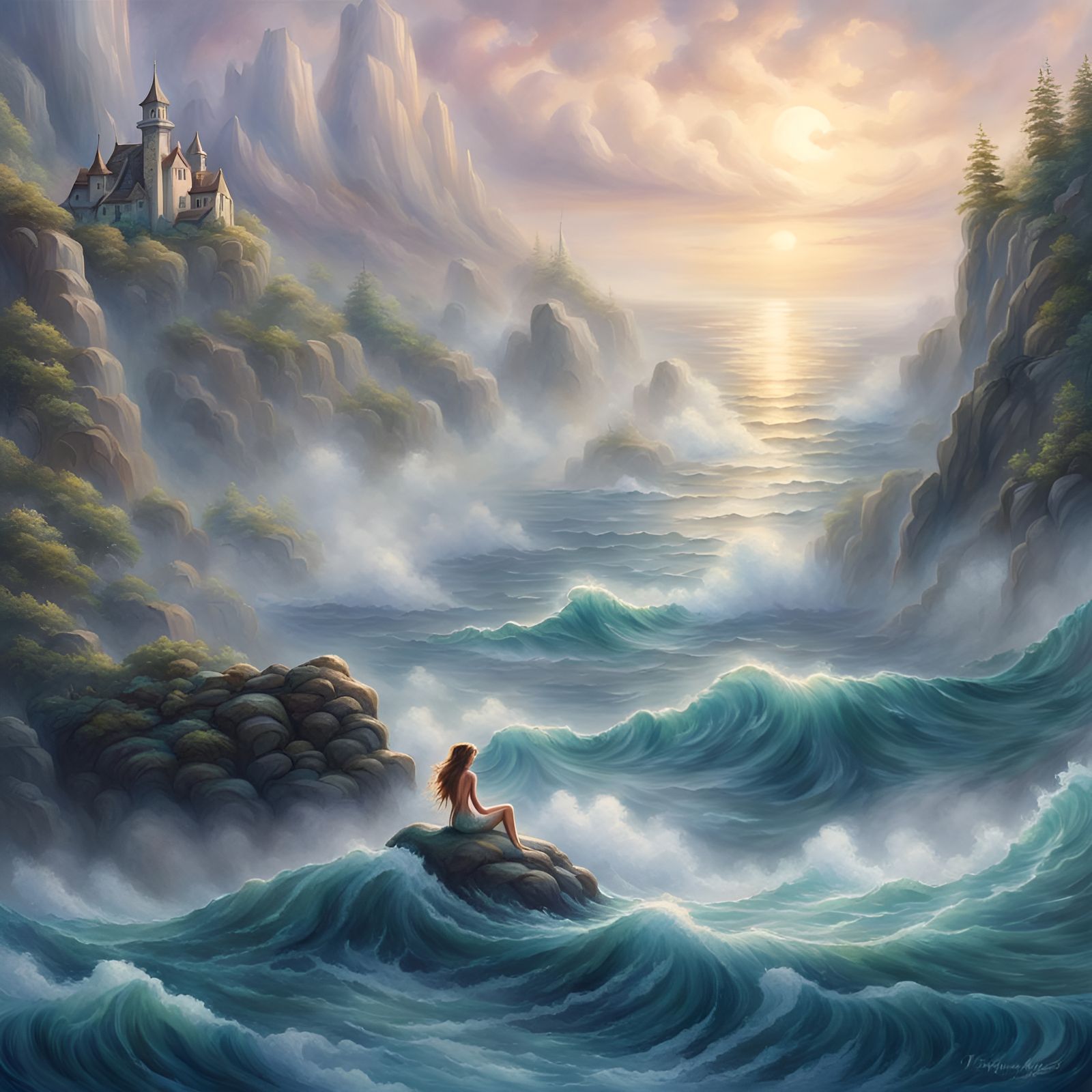 Ethereal Mermaid Logo with Misty Cliffs