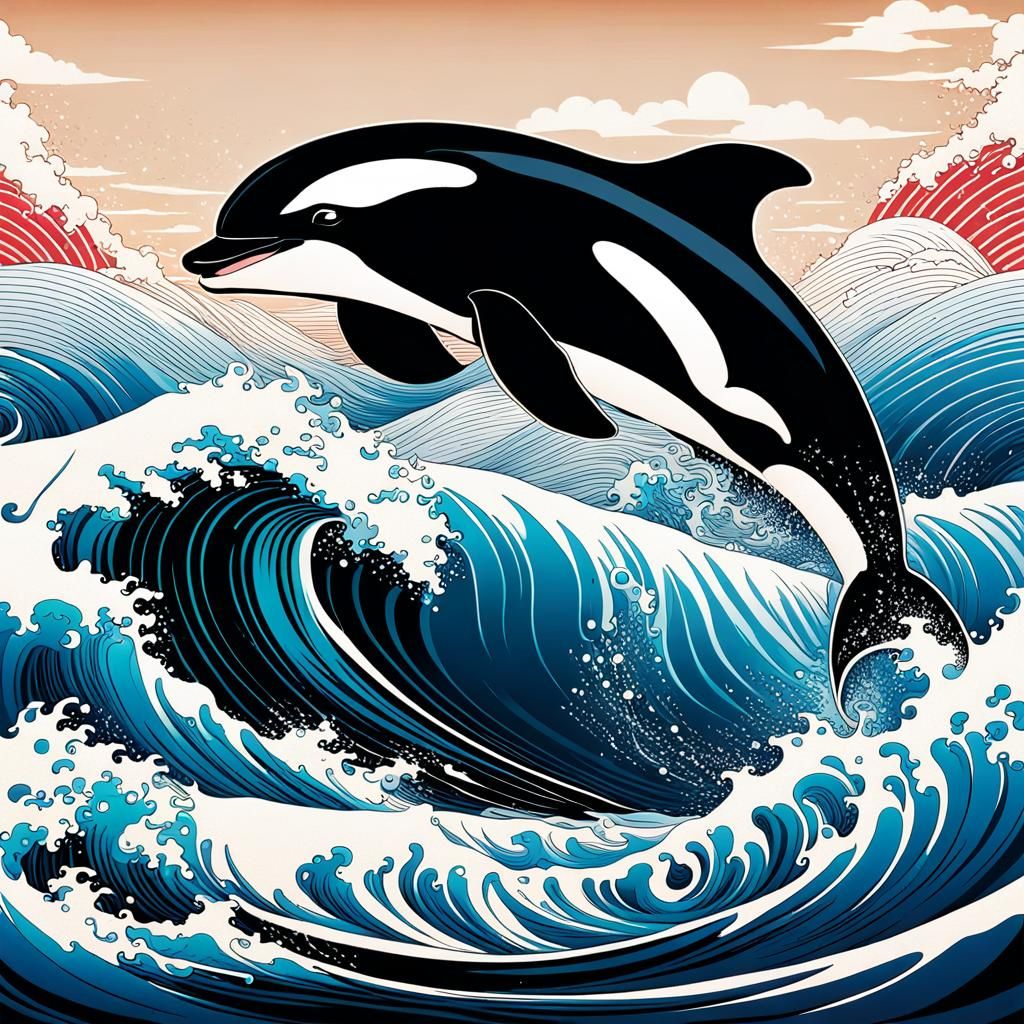 Japanese Wave with Leaping Orca