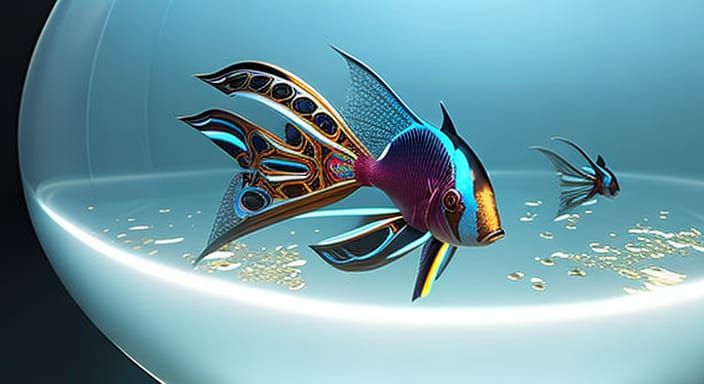 Robotic Fish in Bowl: Hyperdetailed Rococo Illustration
