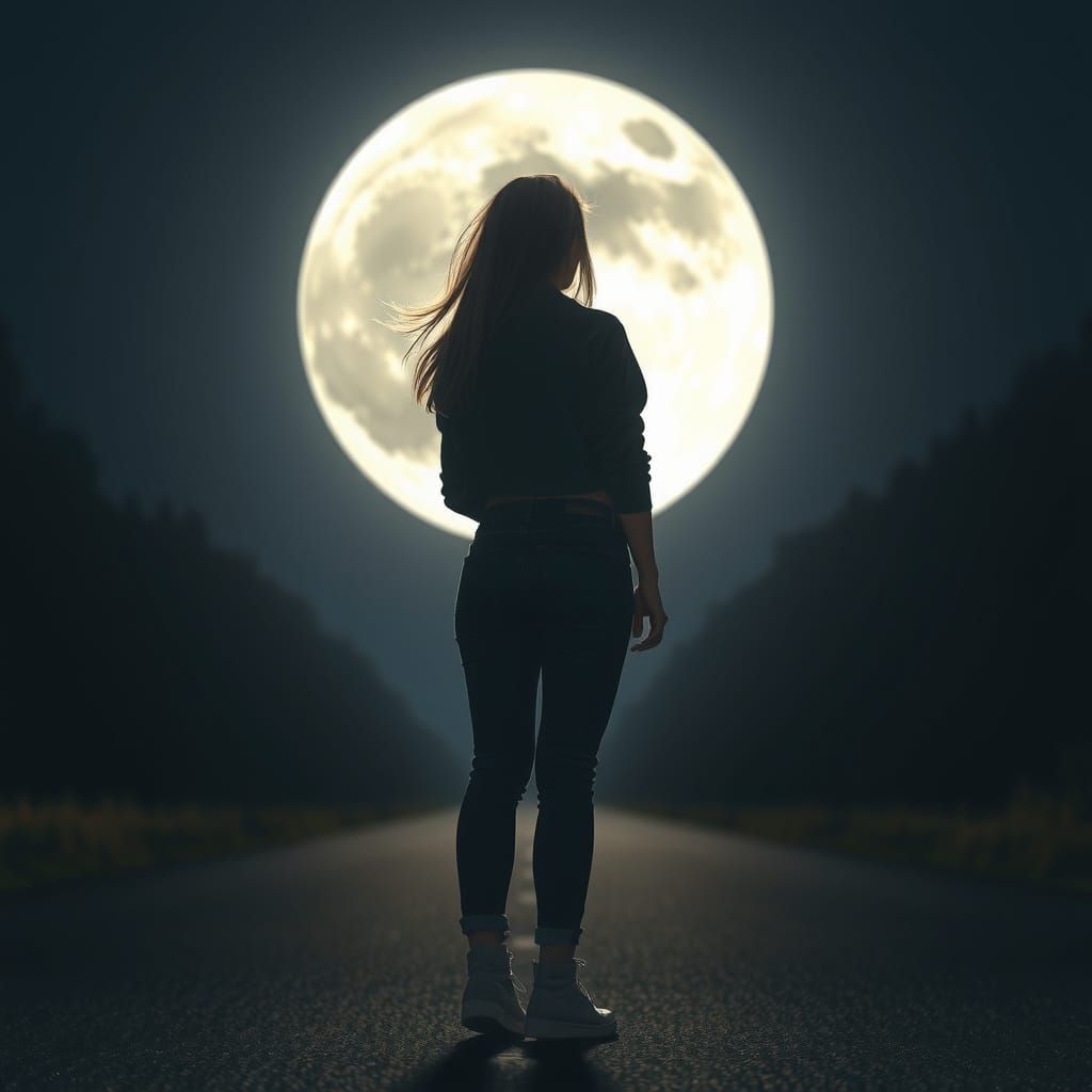 Moonlit Silhouette: Woman on Deserted Road