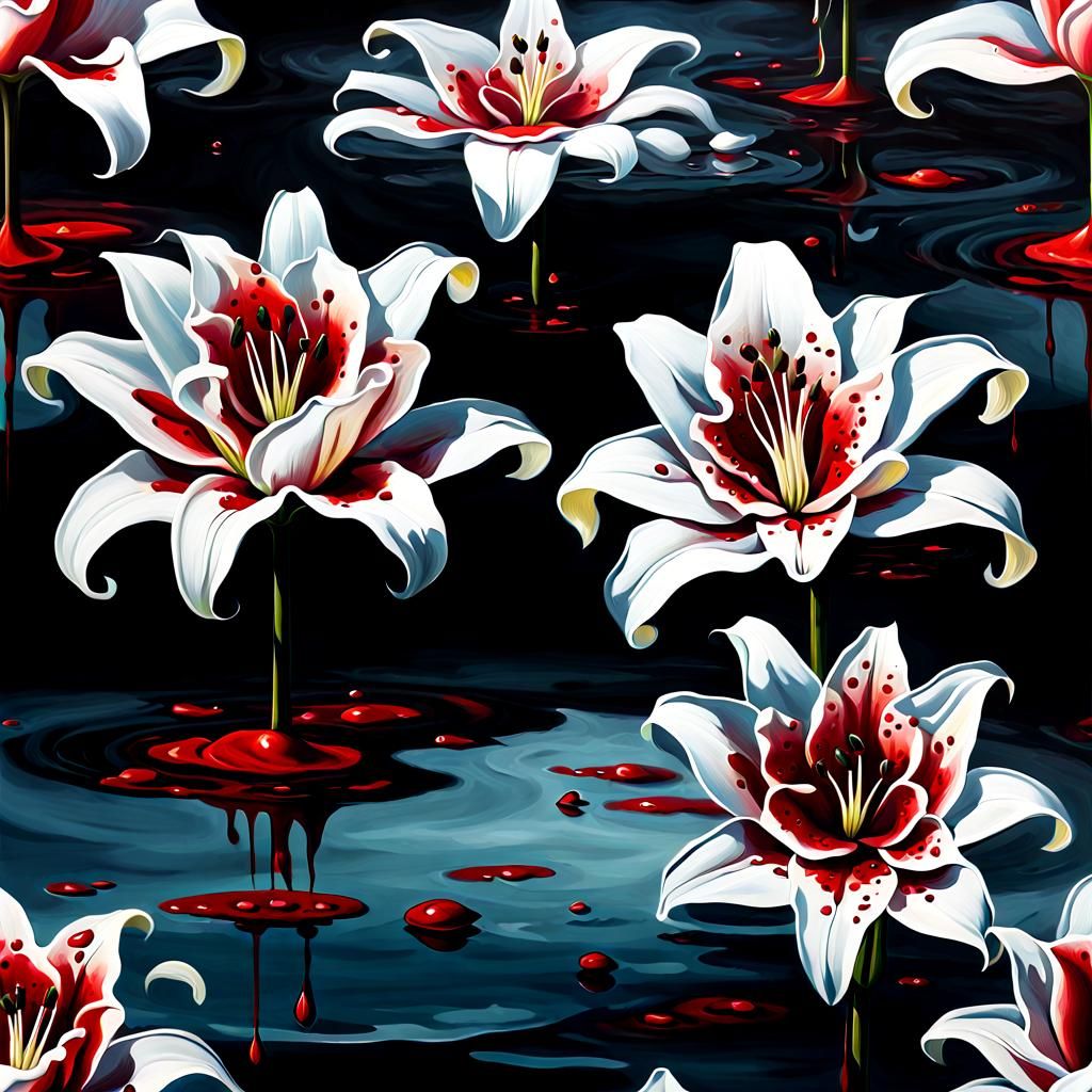 Surreal Lilies on Lake of Blood in Oil Painting Style