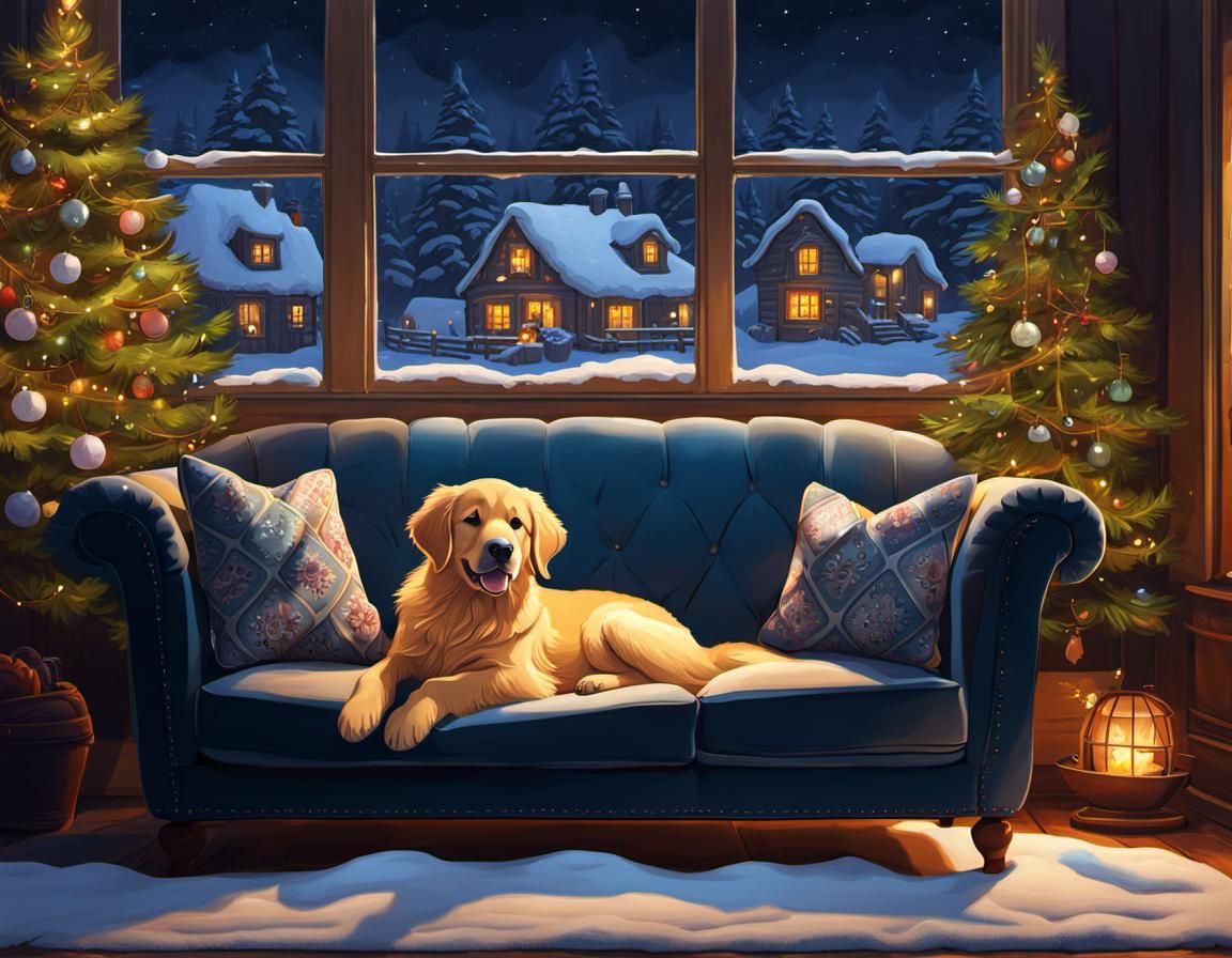 Cozy Living Room with Golden Retriever Puppy
