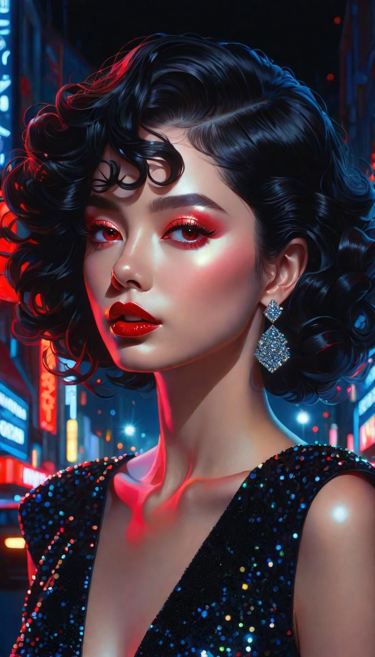 By James Jean, a woman in a black sparkly glittery dress at ...