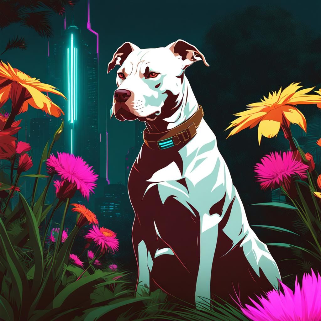 Pitbull in Cyberpunk Garden with Neon Lighting